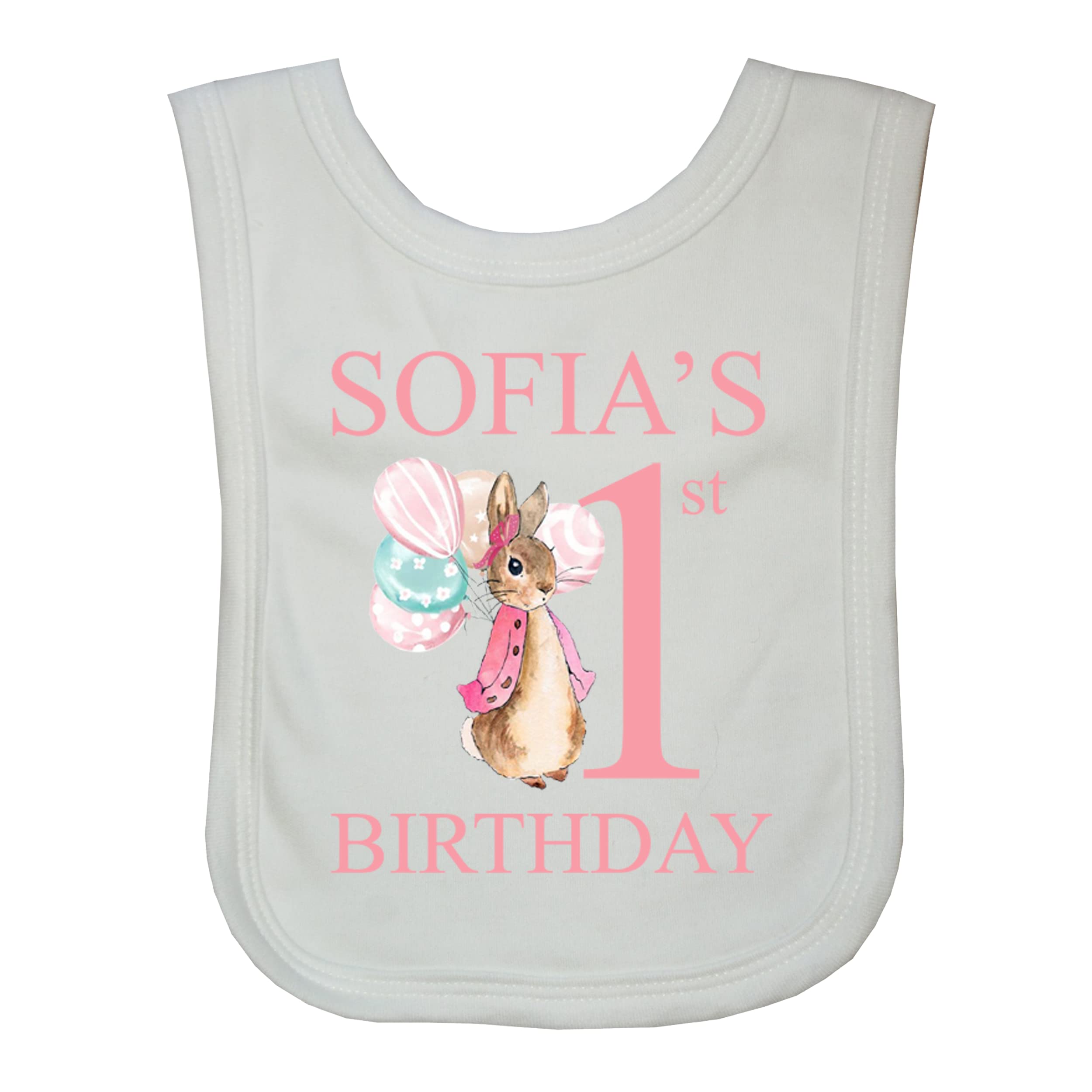 Oh Sew Simple Girls White 1St Birthday Little Rabbit Personalised Baby Bib – Printed With The Name Of Your Choice - Max 13 Letters
