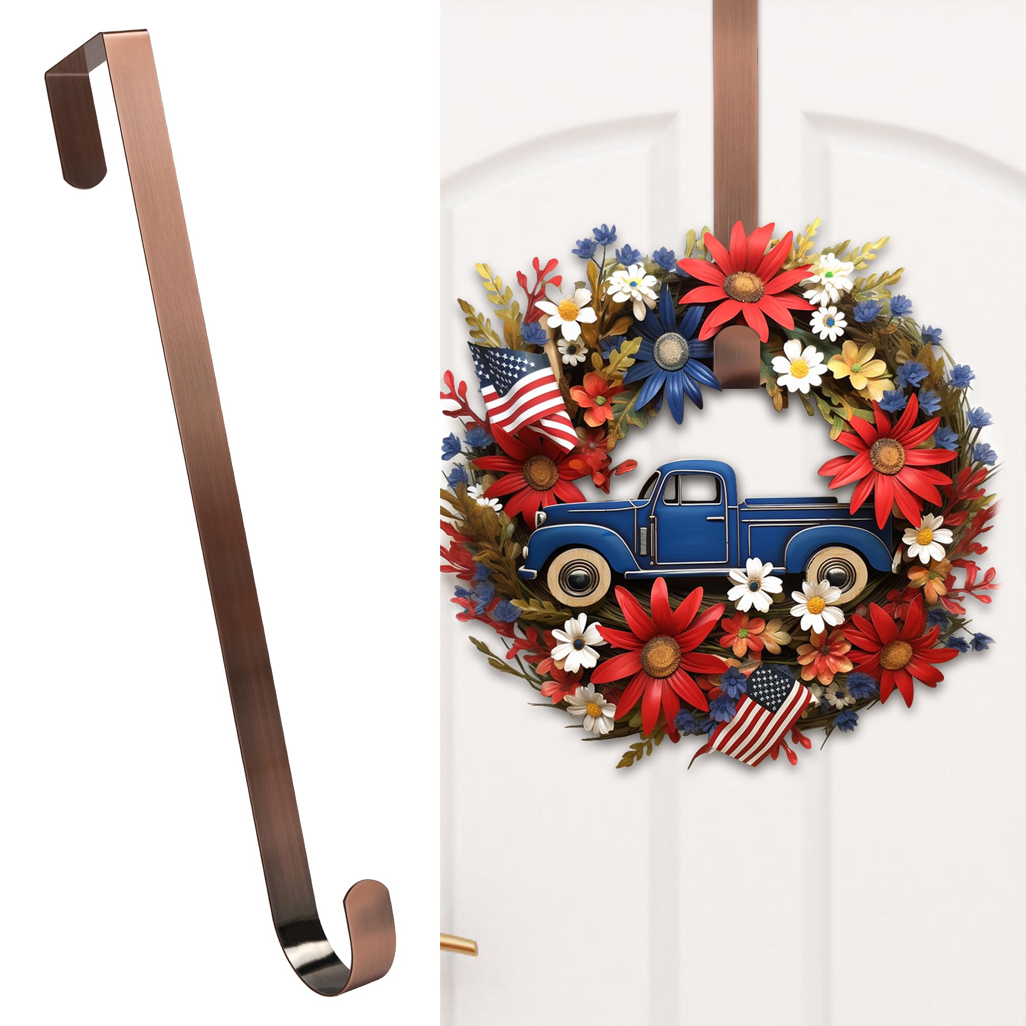 HOOSUN 4th of July Decorations Wreath Hangers for Front Door,14 Inches Metal Wreath Hook Holder for Spring Decor,20 Lbs Over The Door Wreath Hanger for Spring Patriotic Wreath Front Porch Decor