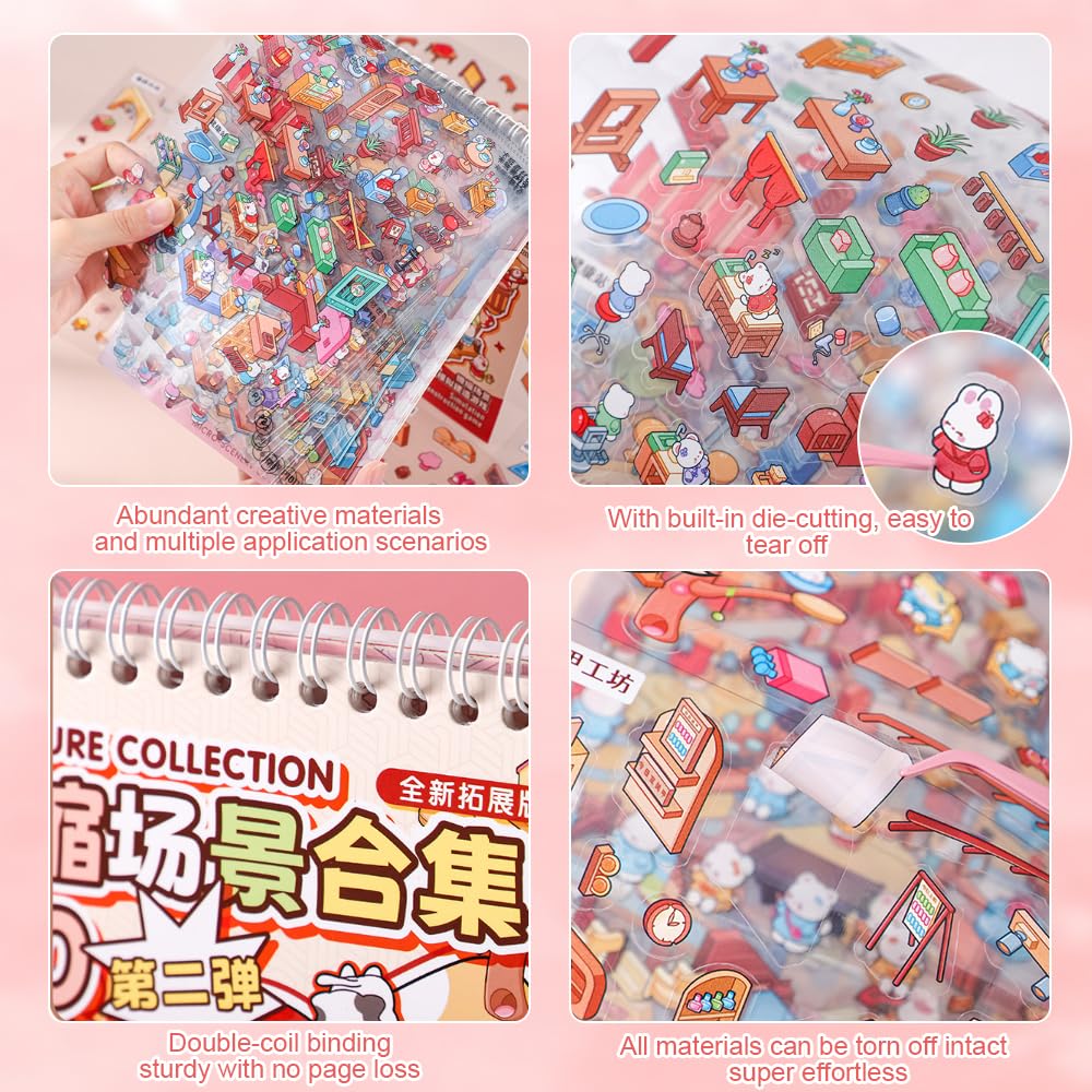 Mocrop 20 set di adesivi 3D Scene Book, set di adesivi fai da te, acquari, supermercati, parchi di divertimento, panetterie, case da tè e altre scene, con 2 pinzette, regali per bambini