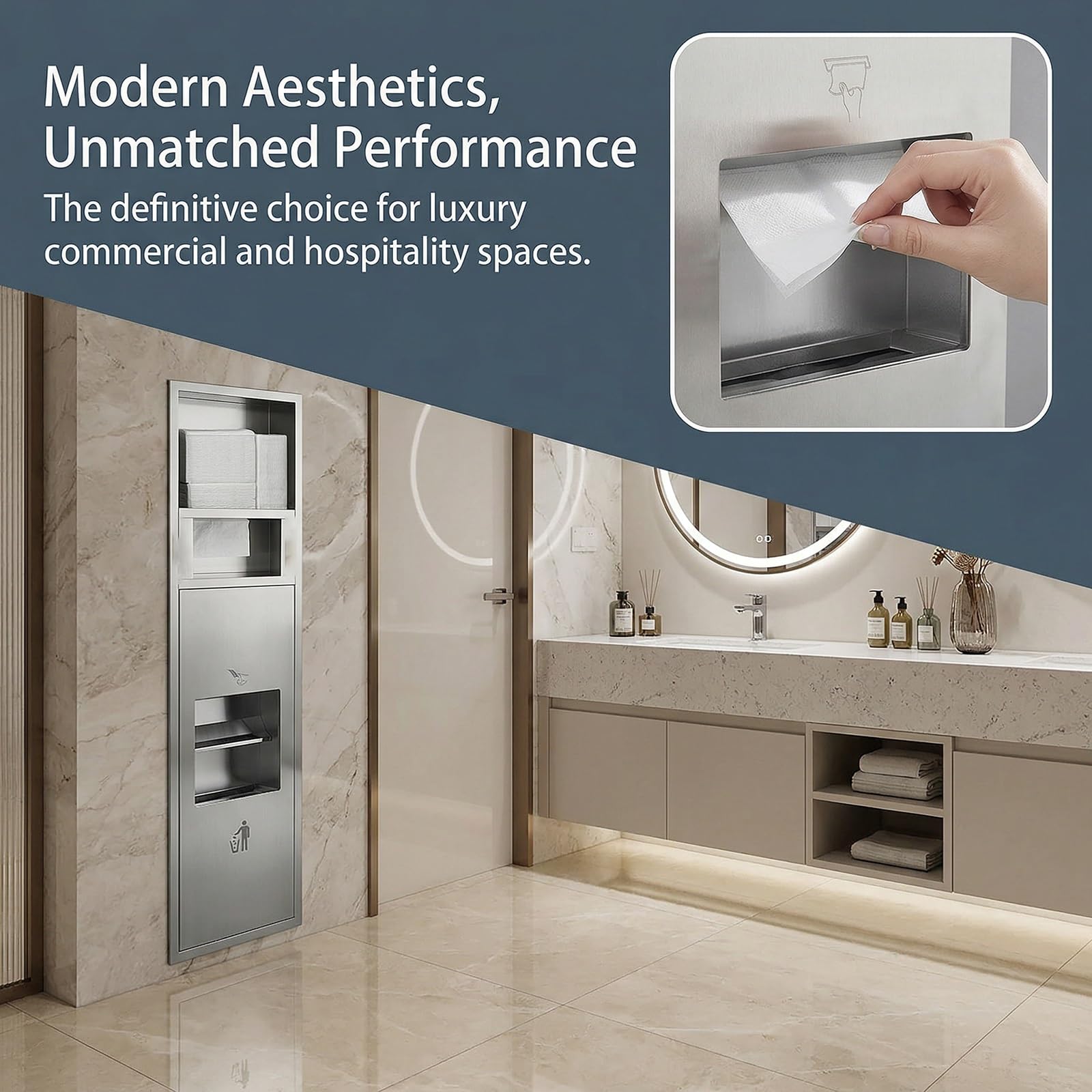 Porta Carta igienica a Incasso Color Oro con Cestino Integrato, mobiletto salvaspazio per Il Bagno in Acciaio Inox 304 con cassetto portaoggetti, Ideale per ristrutturazioni.