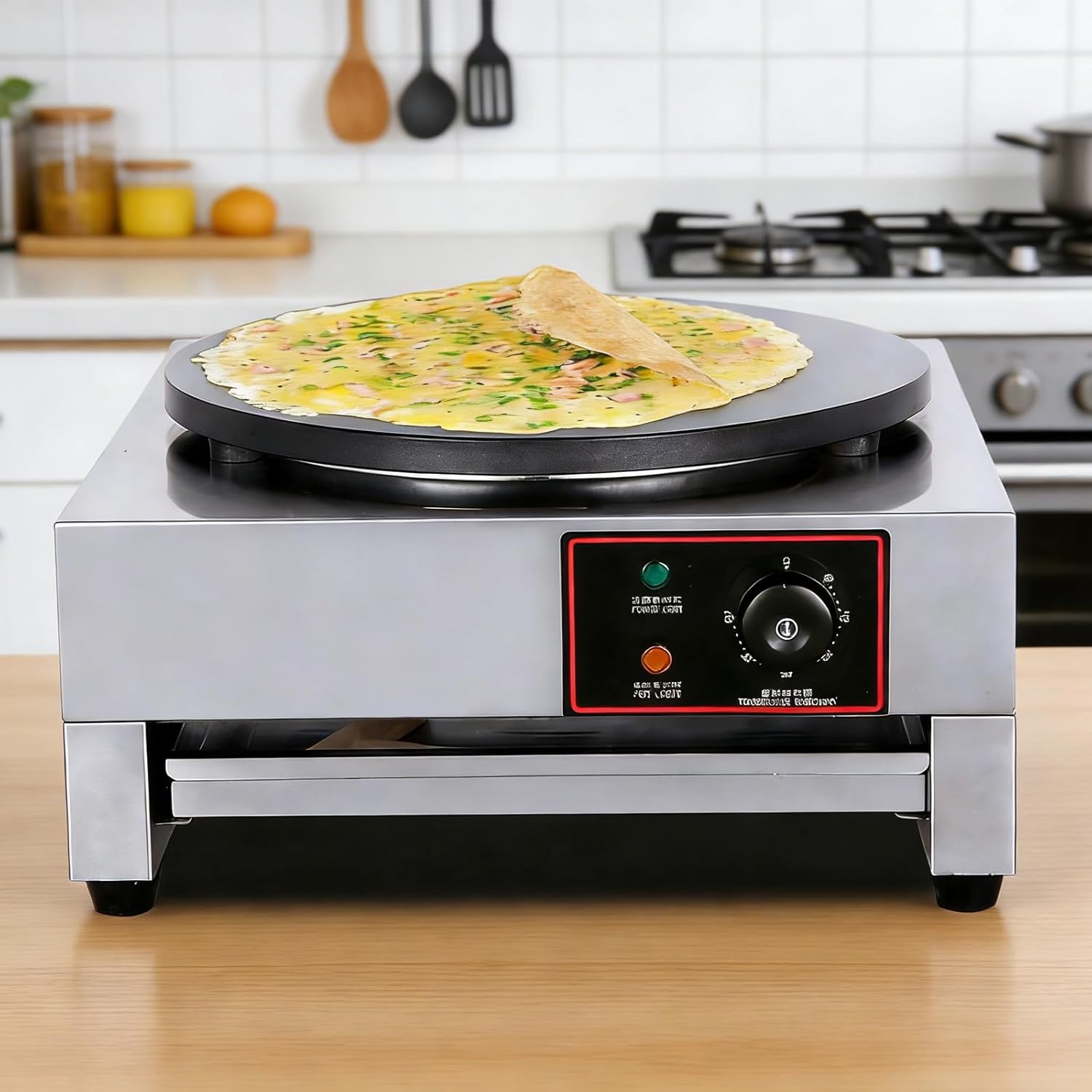 Electric Crepe Maker Pancake Griddle, Non-Stick Commercial Household Machine with Adjustable Temperature, Doublehead Singlehead Optional, Applicator Tool Included for Chapati Tortilla B double-headed