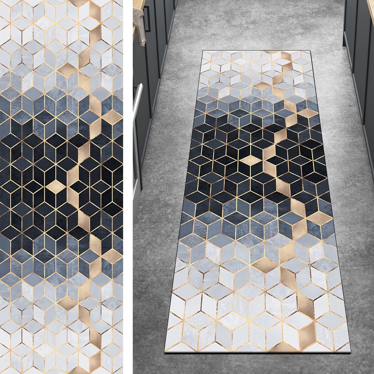 カーペットランナー ロング 廊下 幾何学模様 カーペットマット 60x200CM グレーゴールド キッチンランナー 滑り止め メーター販売 洗える ショートパイル ポリエステル 廊下 寝室 調節可能 幅40-120cm