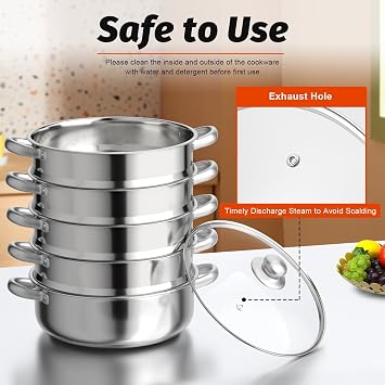 Stainless Steel Steamer Pots, 5 Tier Steamer Cooking Pots, Food Steaming Pot Multipurpose Steaming Cookware, Steam Soup Pots with Lid, Vegetable Dumpling Steaming Pot for Home Kitchen (30cm)