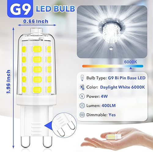 Miniatura 2 de MAXvolador Bombilla LED G9 regulable, luz blanca diurna 6000K, equivalente a halógeno T4 de 40 W, base bi pin de 4 W, bombillas G9 para iluminación