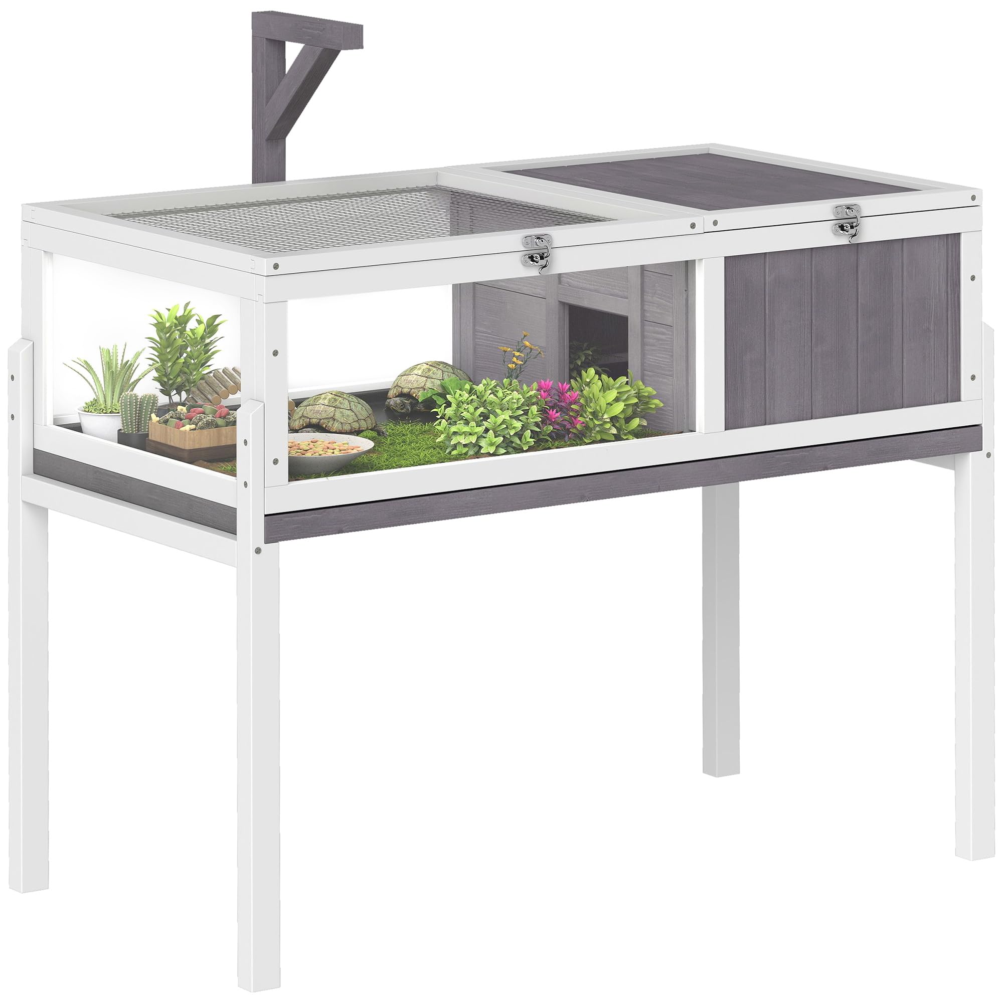 PawHut Casa para Tortugas de Madera, Terrario para Reptiles con 2 Techos Abatibles, Bandeja Extraíble, Soporte para Lámpara, Paneles Transparentes, Pestillo de Seguridad y Cuenco