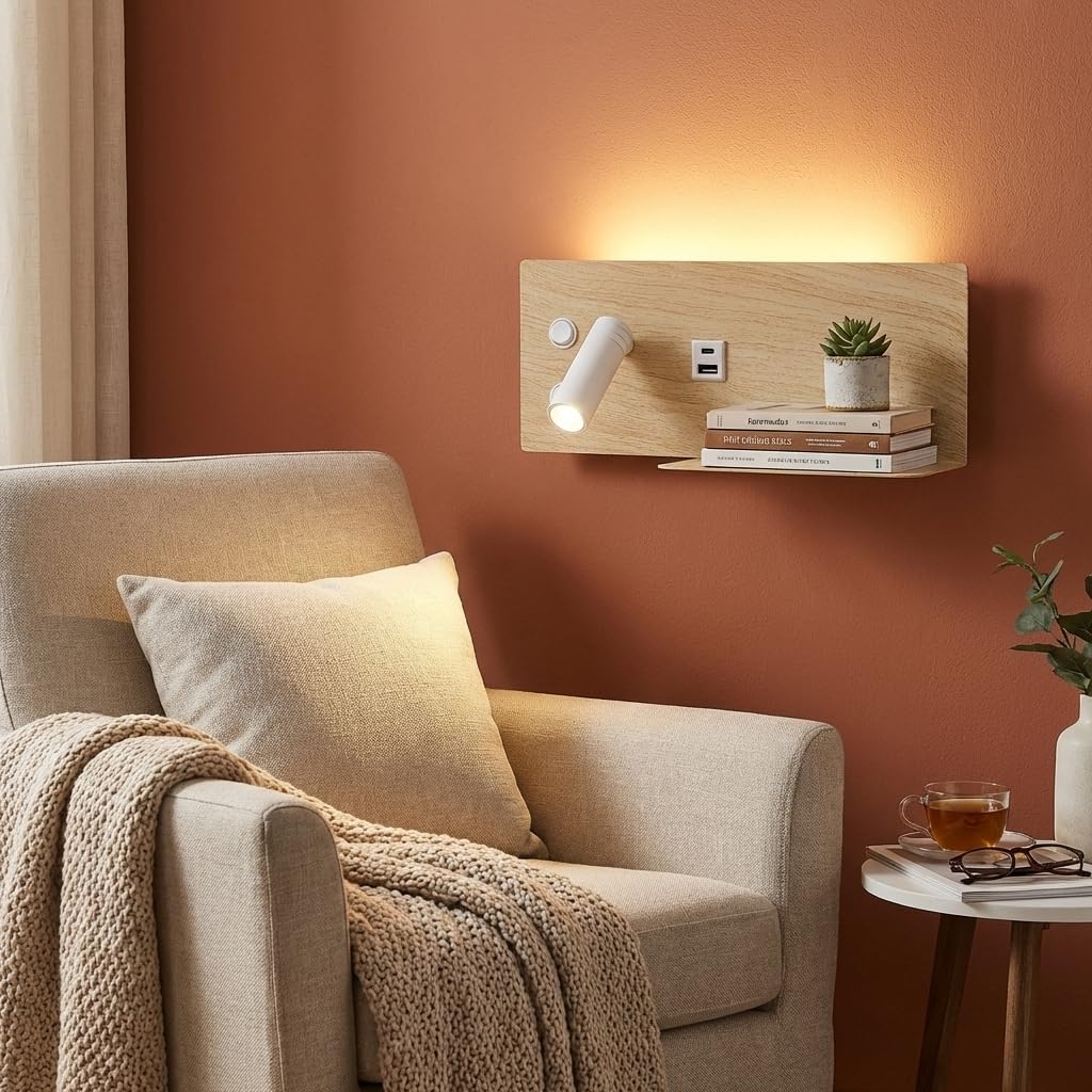 Alpinaluz Aplique LED de Pared con Luz de Lectura Orientable y Ambiental 2700K, Interruptor Dual, Doble Puerto de Carga USB, Repisa, Metal con Efecto Madera Beige Claro, Foco