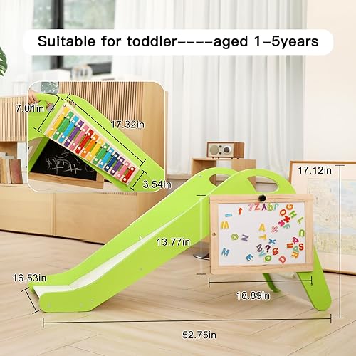 Miniatura 8 de Tobogán de madera 3 en 1 para niños (naranja) - Juego para niños pequeños al aire libre con pendiente de deslizamiento extendida, tablero magnético