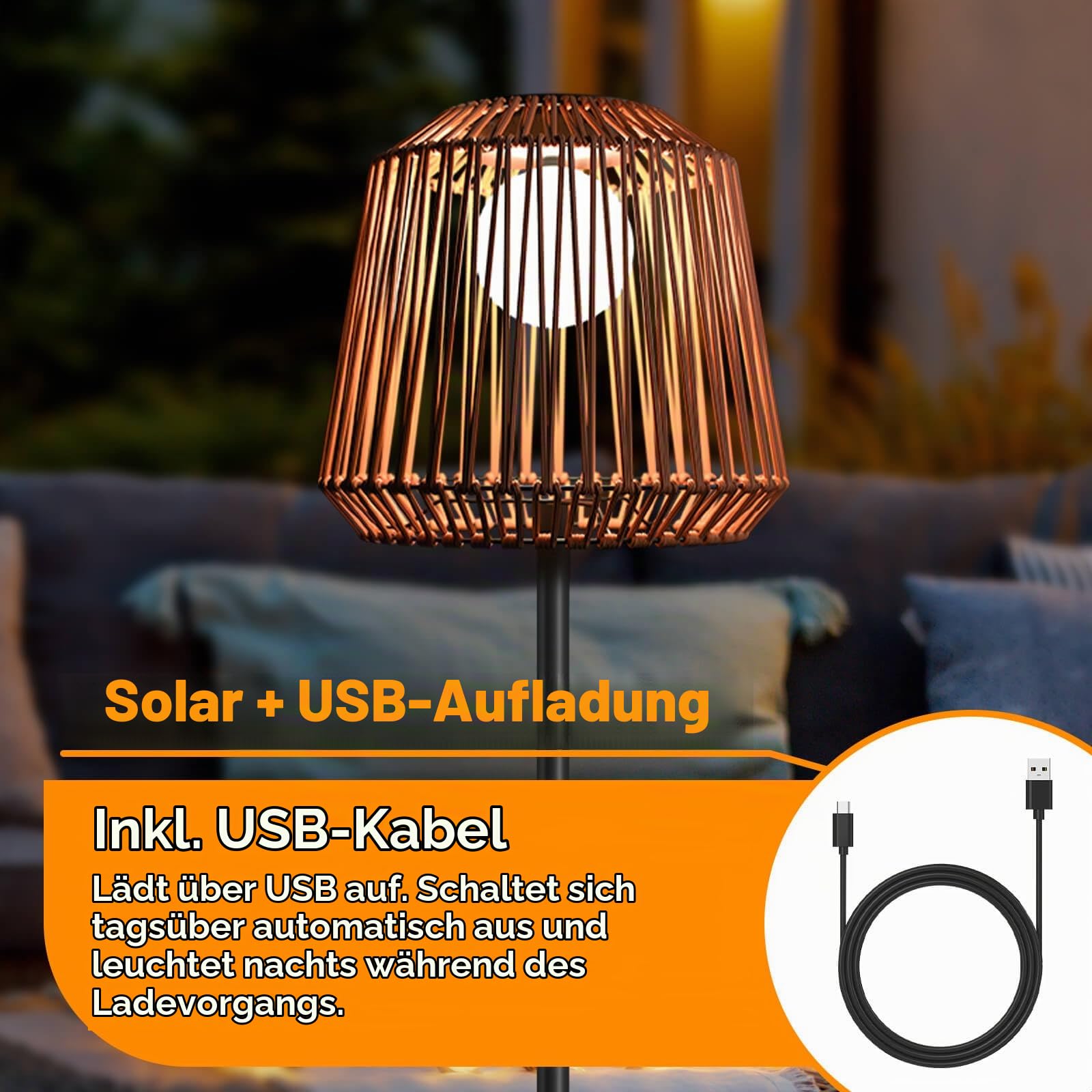 Solar Stehlampe Outdoor Rattan, Terrassenlampe Garten, USB & Solar Aufladung, 3 Helligkeitsstufen, IP65 Wasserdicht, Warmweiß LED Stehleuchte für Terrasse Balkon Veranda Wohnzimmer