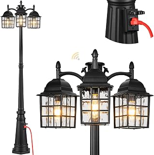 VIANIS 3-Head Backyard Lamp Post with Outlet, Black Dusk to Dawn Hard Wired Outside Post Light Fixtures for House, Garden, 100% Aluminum Waterproof Triple Head Lampposts Outdoor Lighting for Yard Gate