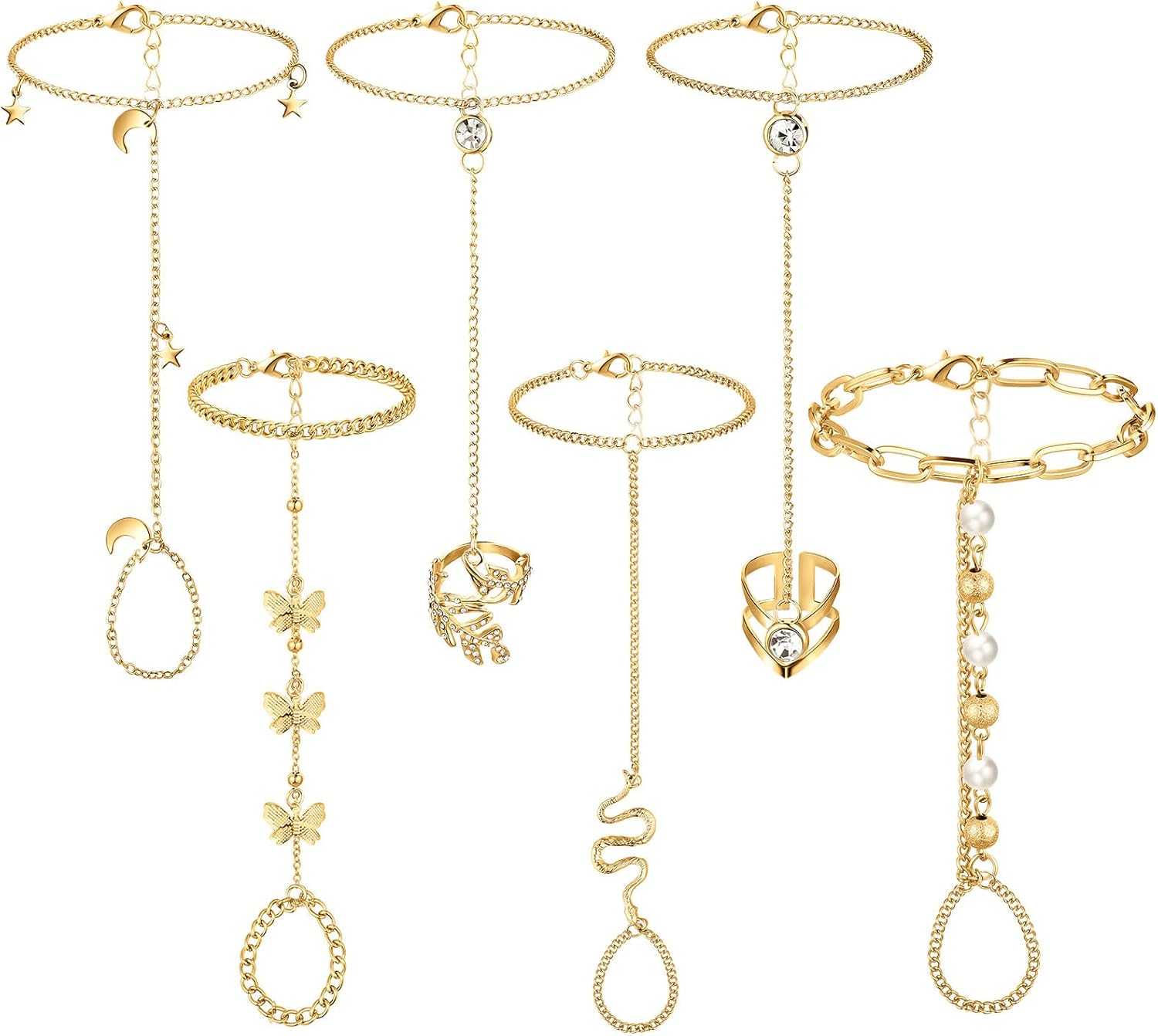 Fumete 6-Pack Rhinestone Slave Hand Chain Bracelets with Rings - Adjustable Sparkly Hand Harness Jewelry for Women