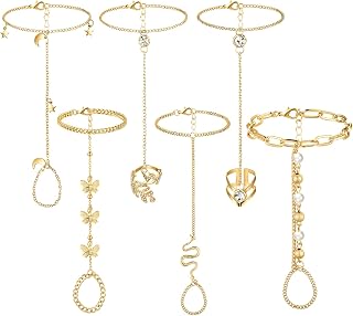Fumete 6-Pack Rhinestone Slave Hand Chain Bracelets with Rings - Adjustable Sparkly Hand Harness Jewelry for Women