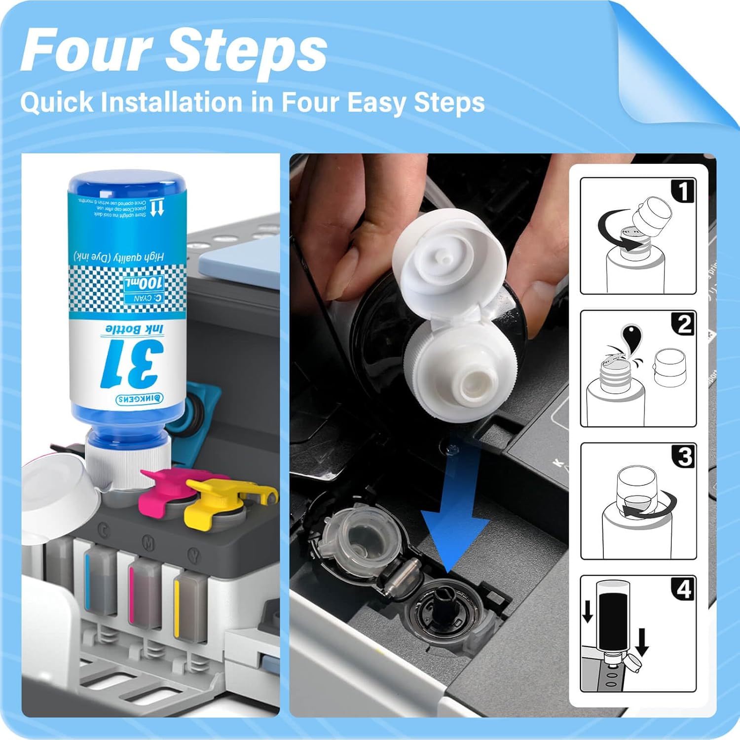 31 32XL Ink Bottle 2 Set Refill for HP Smart Tank 5000 7301 651 7001 7602 6001 551 5101 7300 5102 7302 7601 6002 5103 755 757 Printer, Black*2 CC MM YY