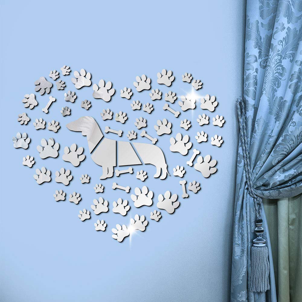 The Geeky Days Dachshund Dog Paws Dog Bone Acrylic Mirror Effect Wall Stickers Wiener Dog DIY Giant Wall Art Decal Doxie Sausage Dog Home Decor(Silver)
