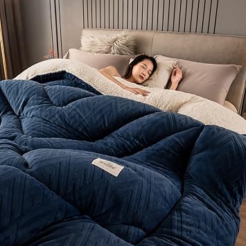 Quilt Quilts Fluffy Warm Comforter, Winter Warm Comforters Twin Size Soft Double-Sided Quilt Blanket Thicken Lamb Wool Quilts Plush Throw Blanket, WashableDark blue150x200cm/59x79in 2.5kg