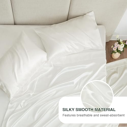 Miniatura 4 de Love's cabin Juego de sábanas de satén Queen  Juego de sábanas de satén sedoso marfil de 4 piezas con bolsillo profundo, juego de sábanas de satén