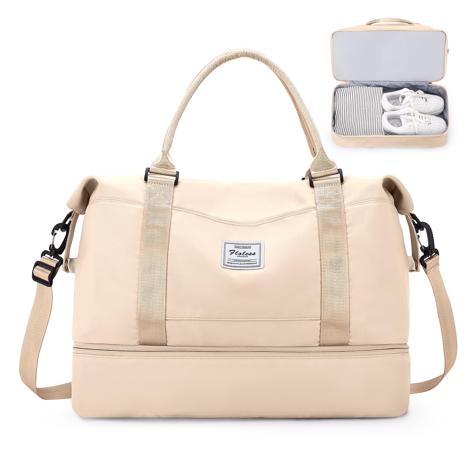 Borsone da Viaggio Donna, Bagaglio a Mano Borsa da Viaggio con Scomparto per le Scarpe, Borsa Sportiva Borsone da Palestra Grande, Borsa da Weekend, Borsa per Ospedale,A5 beige
