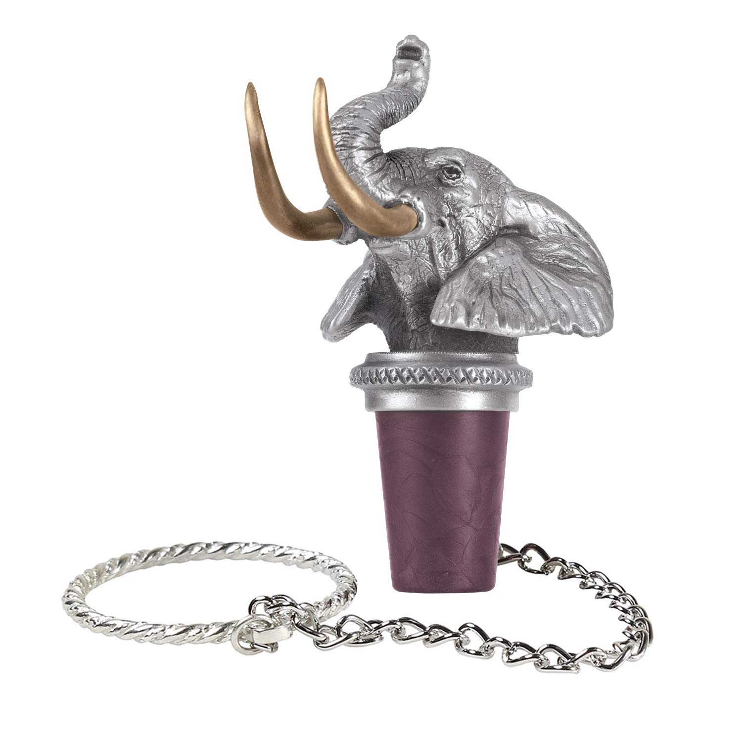 Elephant Bottle Stopper with Brass Tusks | Bottle Topper for Wine, Liquor | Expertly Crafted Pewter Reusable Wine Cork