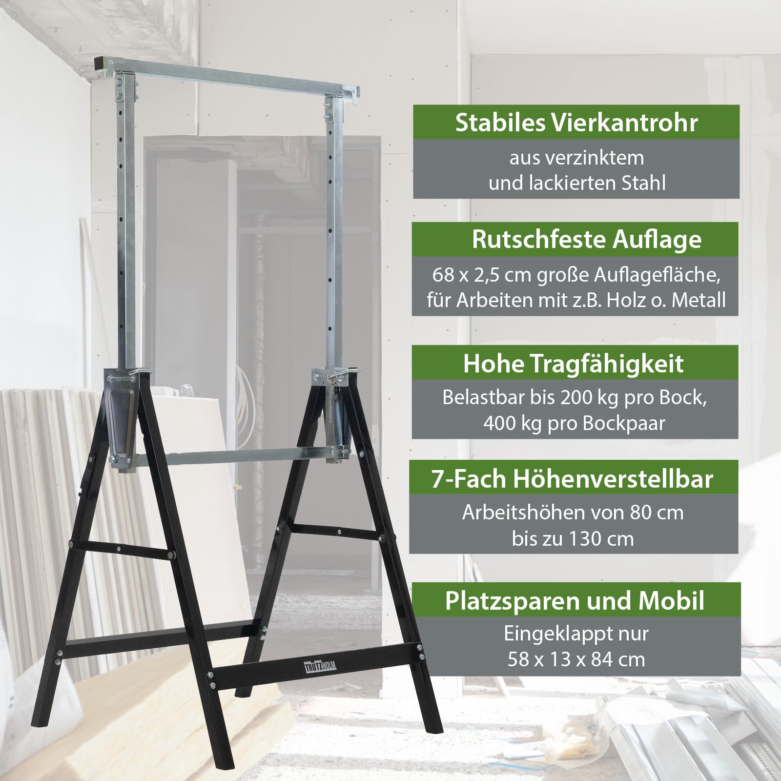 2 x Arbeitsbock 7-fach höhenverstellbar 80-130 cm bis 400 kg Stahl verzinkt lackiert schwarz grau Klappbock Gerüstbock Unterstellbock