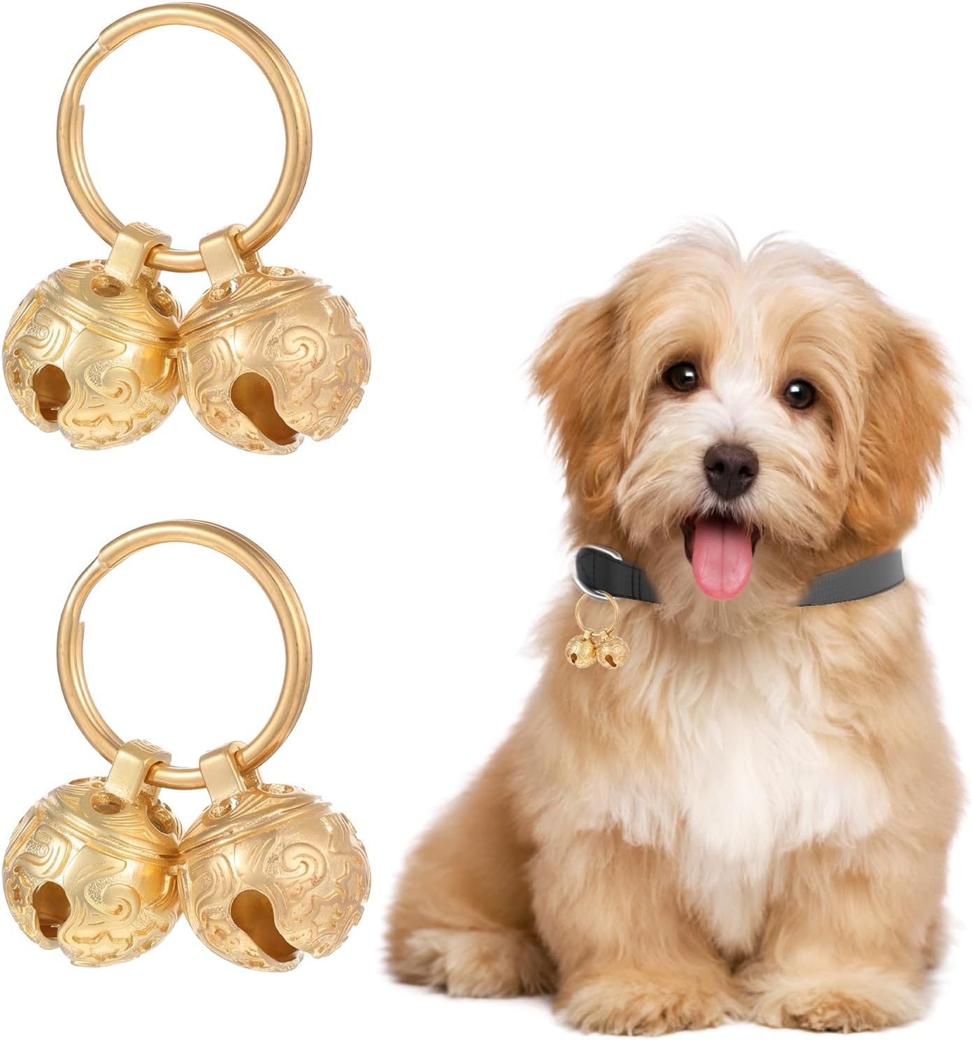 Styquenzer 4 Pcs Extra Loud Brass Dog Bells for Collar, High Pitch Pet Tracking Bell for Medium Dogs & Cats, Anti-Lost Training Charms with 25mm Keyrings, Gold