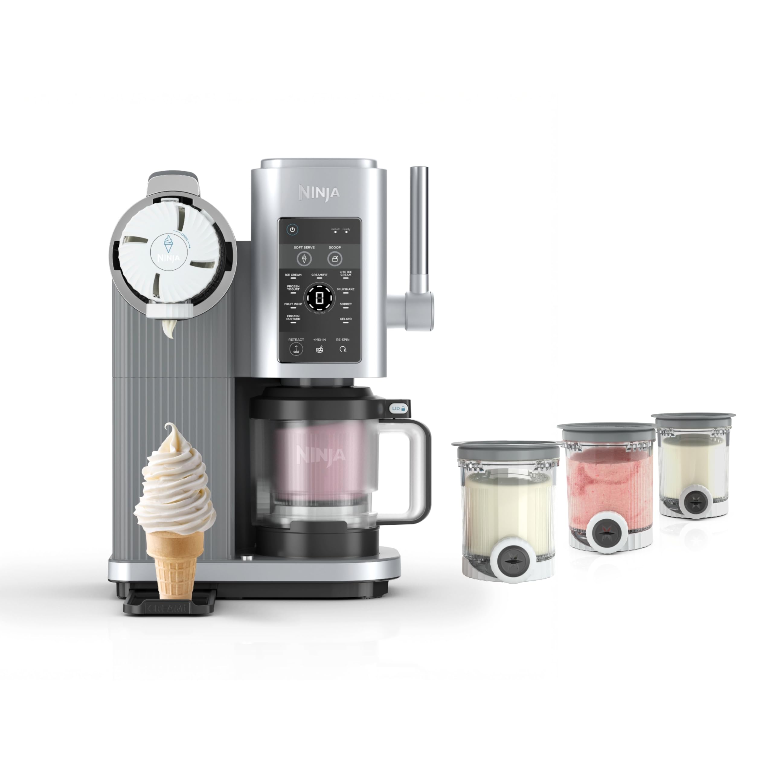 Ninja CREAMi Scoop & Swirl Ice Cream and Soft Serve Maker, Oprah's Favorite Things 2025, 13 Programs, Soft Serve Handle & (4) CREAMi 2-in-1 16oz Pints, Gift for Kids & ALL ages, NC701