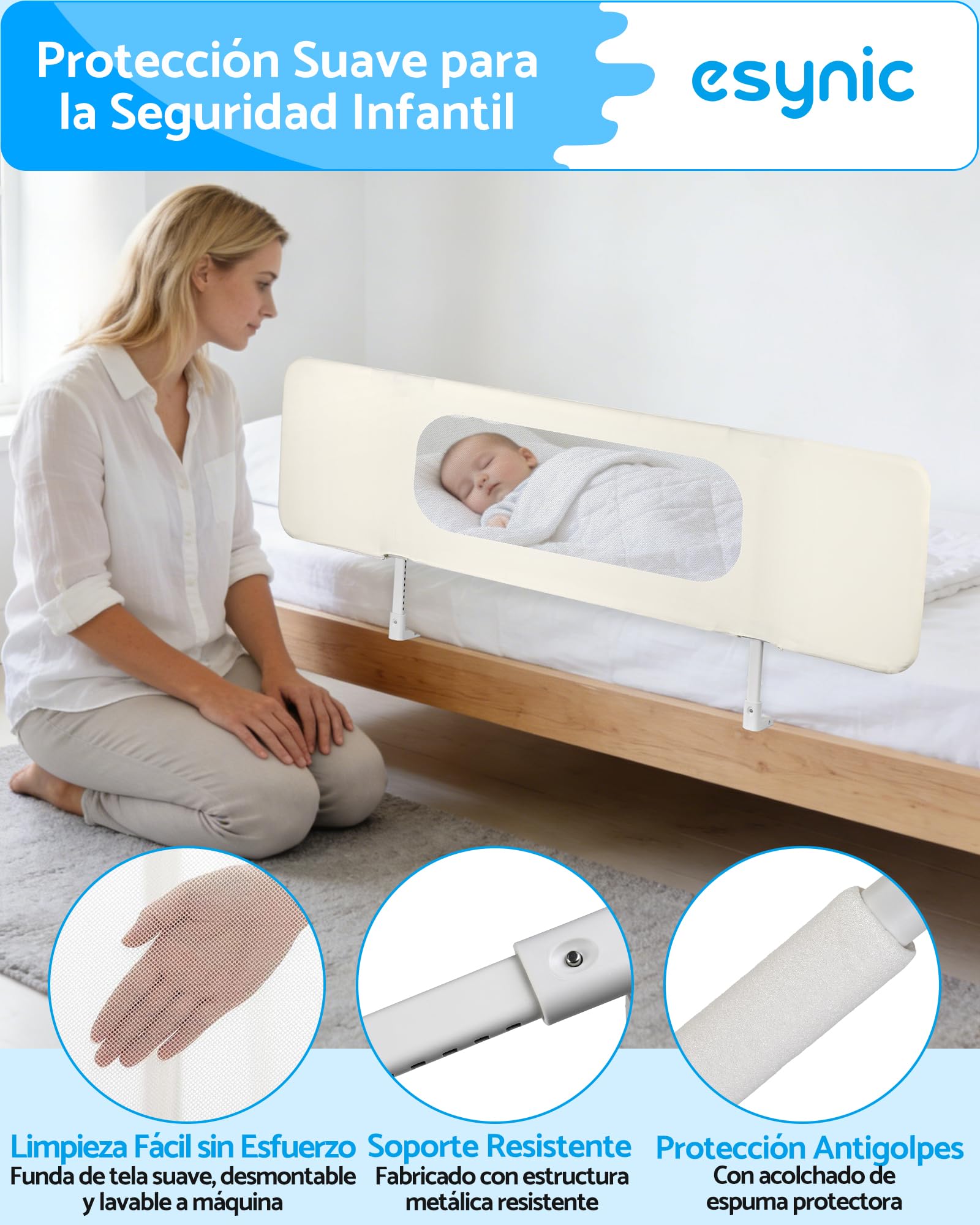 eSynic Barandilla Cama Infantil Plegable 150cm Ajustable en Altura Barrera de Cama para Niños y Bebés Protector de Seguridad Compatible con Camas Individuales Dobles y Grandes Ideal para Viaje y Hotel