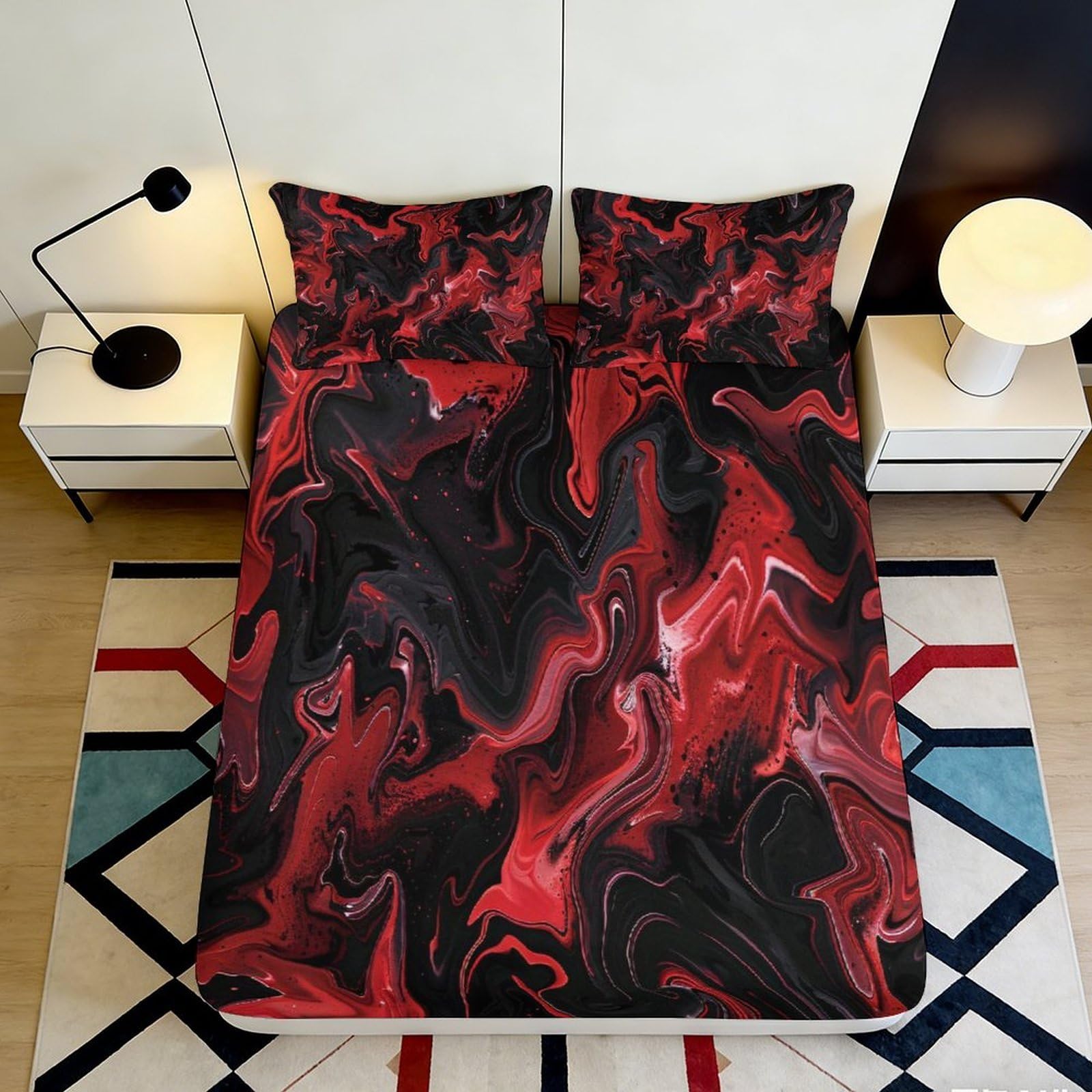3D Printed Red Marble Swirl Fitted Sheet Microfiber Soft Breathable Black Lava Mattress Cover for Bedroom Dorm Mattress Protection Decor 120x200x25cm