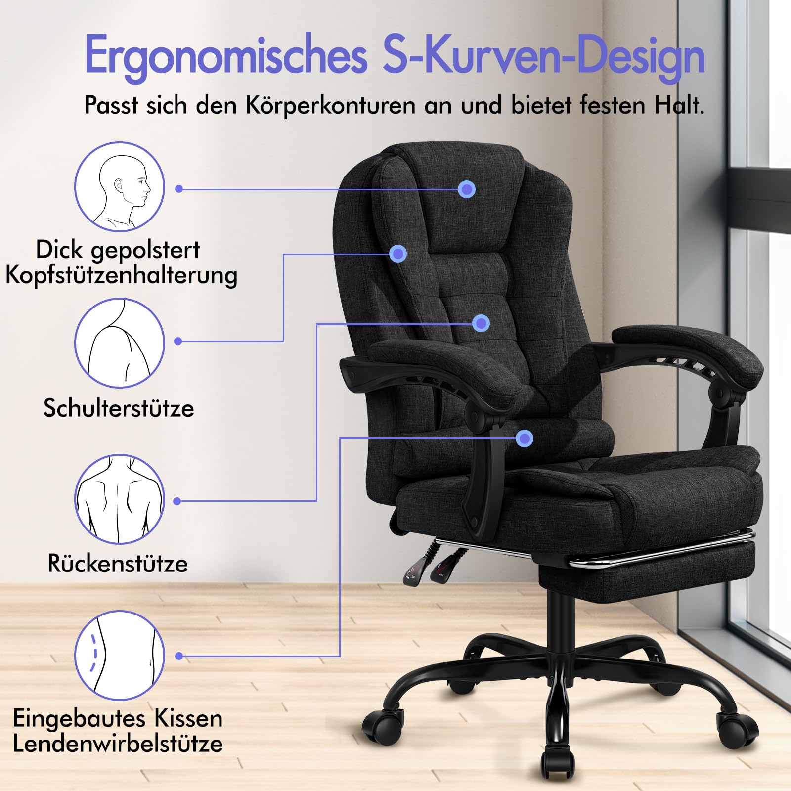 ALFORDSON Bürostuhl Chefsessel Massage Ausziehbare Fußstütze, höhenverstellbarer Schreibtischstuhl 150°-Neigung, ergonomischer Drehstuhl, Computerdrehstuhl,belastbar 180 kg, Leinen, Schwarz