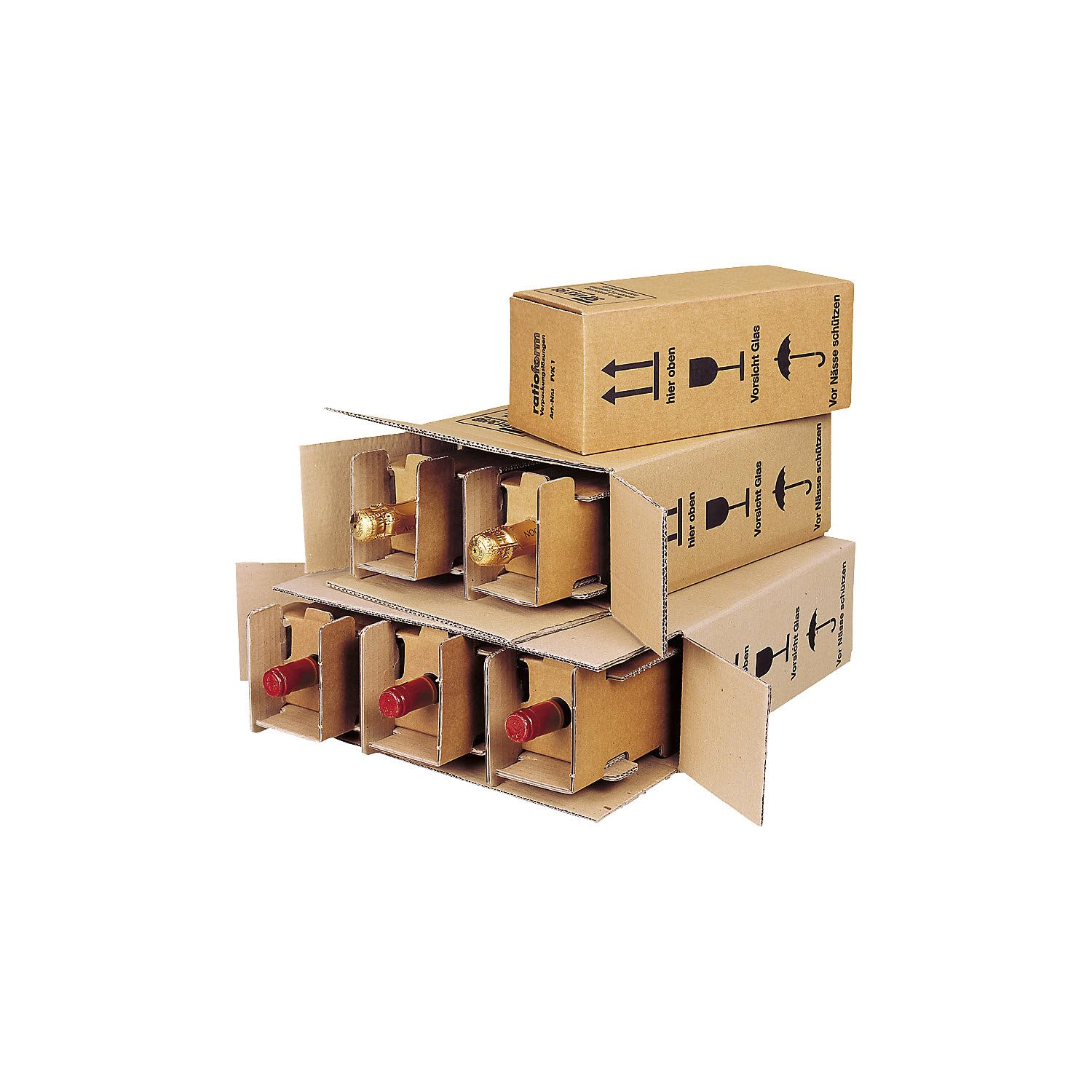 ratioform | Flaschenkarton Post/DHL/UPS | für 0,75 l bis 1 l-Flaschen | VE 20 Stk | Innenmaße 134 x 134 x 321 mm | für 1 Flasche