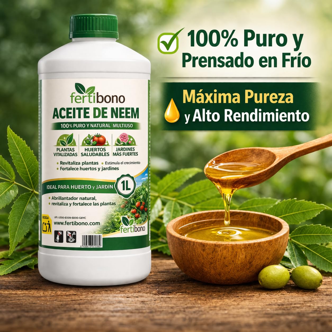 FERTIBONO Aceite de Neem 100% Puro, 1 L, Prensado en Frío, Multiusos para Plantas, Huerto y Jardín