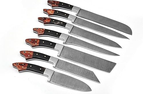 Miniatura 6 de Juego de 7 cuchillos de cocina de acero Damasco, hoja de acero de Damasco forjada a mano, 7 cuchillos incluyen rebanar, picar, pan, nikiri,