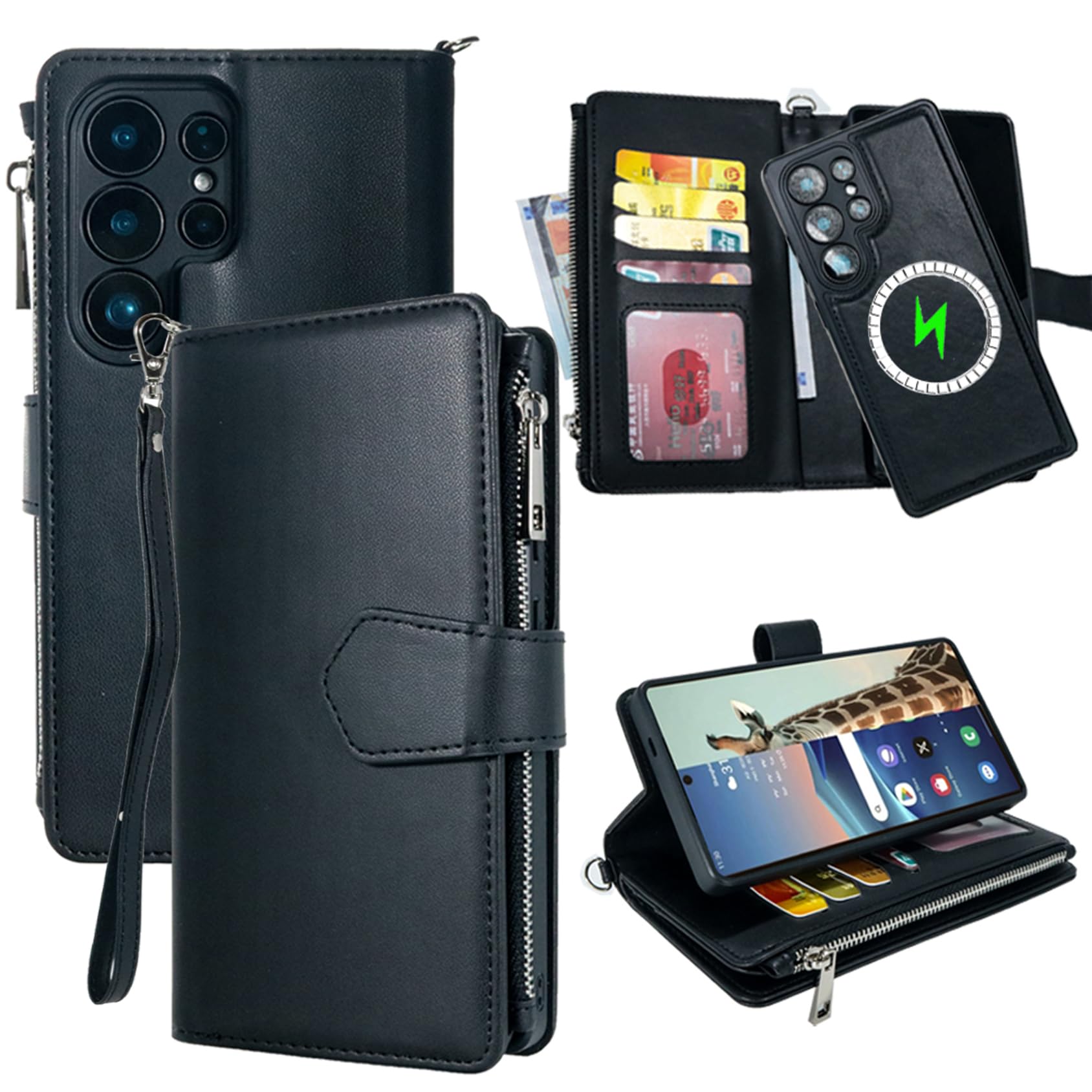Detachable Wallet Case for Samsung Galaxy S25 Ultra, Magnetic Inner Case Compatible with MagSafe, Premium Leather with Wrist Strap, Cash Coin Pocket Card Slots, Kickstand, Full Protection Cover- Black