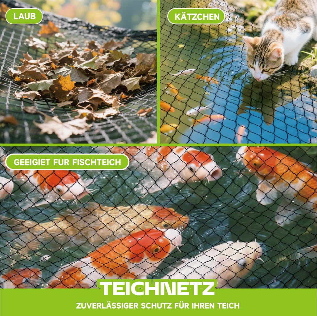 Teichnetz Feinmaschig 7.62x7.62m（58m²） Vogelschutznetz - Schwarz Teichnetz mit 12 Bodenankern | Witterungs- & UV-beständig | Laubnetz, Obstbaumnetz, Gartennetz