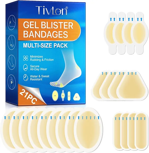 Blister Bandages for Feet, 21PCS Hydrocolloid Blister Prevention Pads, Waterproof Cushioning Gel Tape for Running, Hiking, Heel, Ankle, Blister Prevention & Recovery