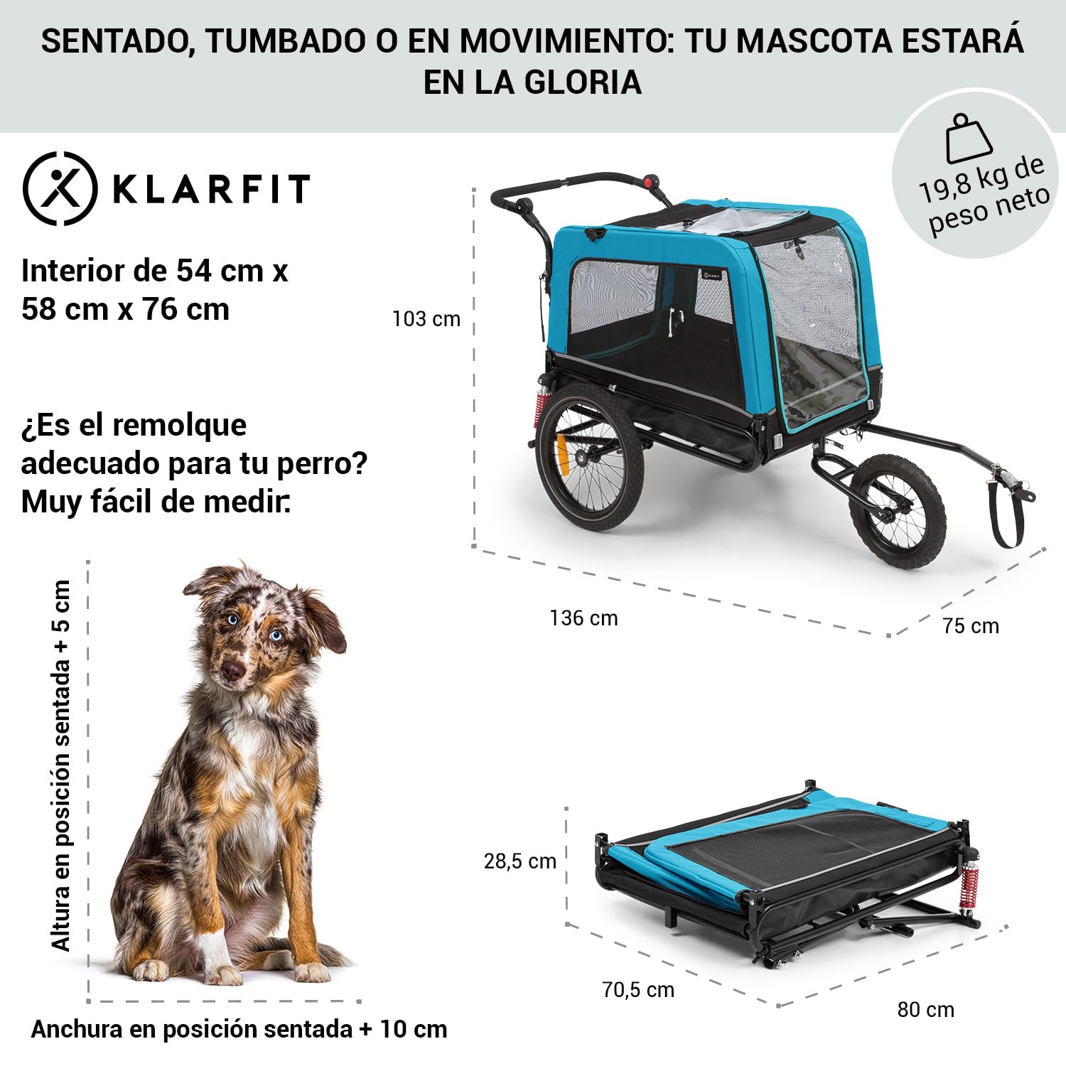 Klarfit Husky Vario Carro Perro Bicicleta 2 en 1, Carrito Perros Remolque Bicicleta, Lona Oxford 600D, Reflectores, Bandera de Advertencia y Arnés de Seguridad, Perros Medianos