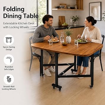 Folding Dining Table, Extendable Kitchen Desk with Locking Wheels, Wooden Drop Leaf Table, Flip-Top Dinner Tables for Small Spaces, Round Edge Design (Brown, 100x60cm)