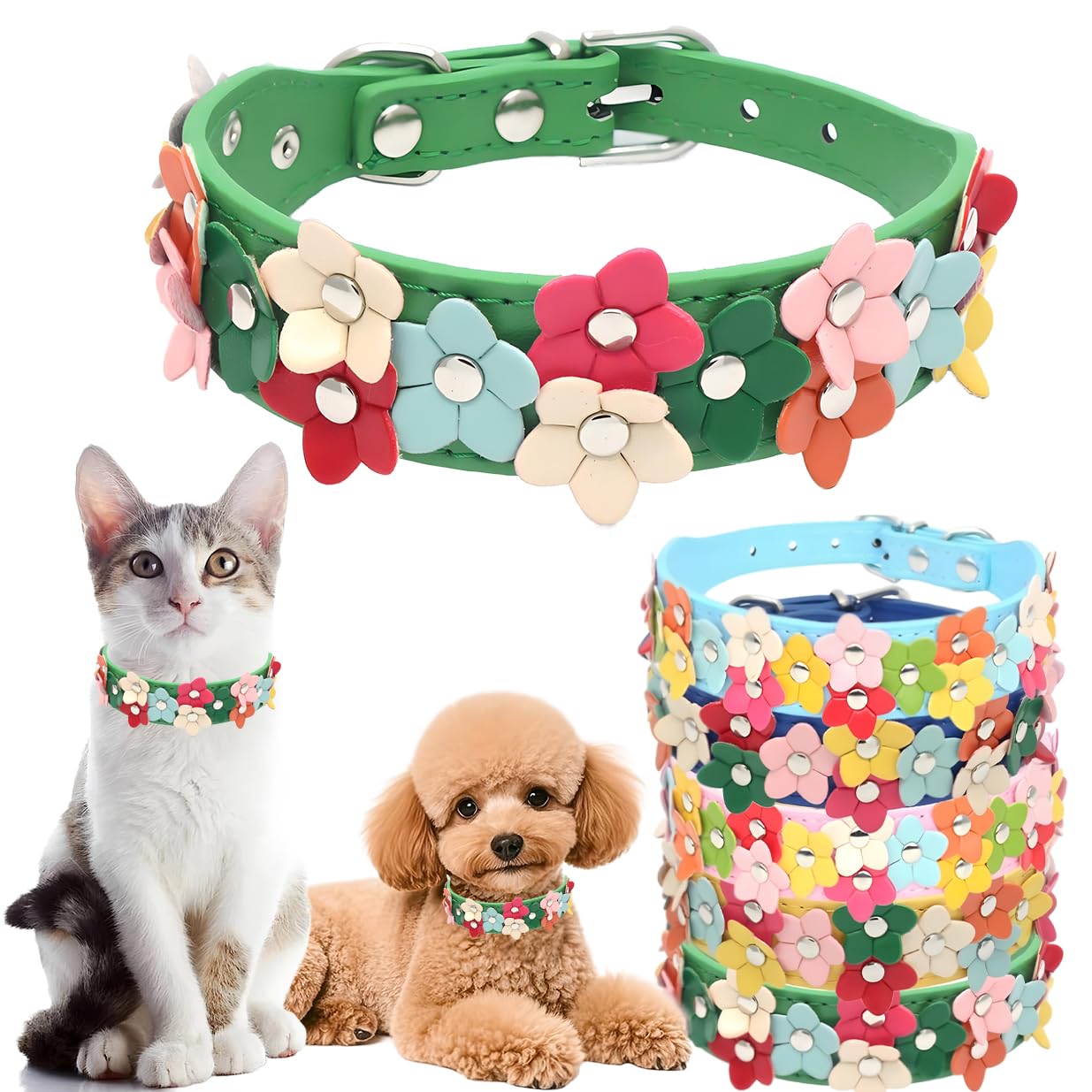 Small Dog Collar with Flower, Cute Pretty Fancy Cat Collar PU Leather Dogs Collar Girl Boy Adjustable for XSmall Small Medium Pet (Size M,Green-1)