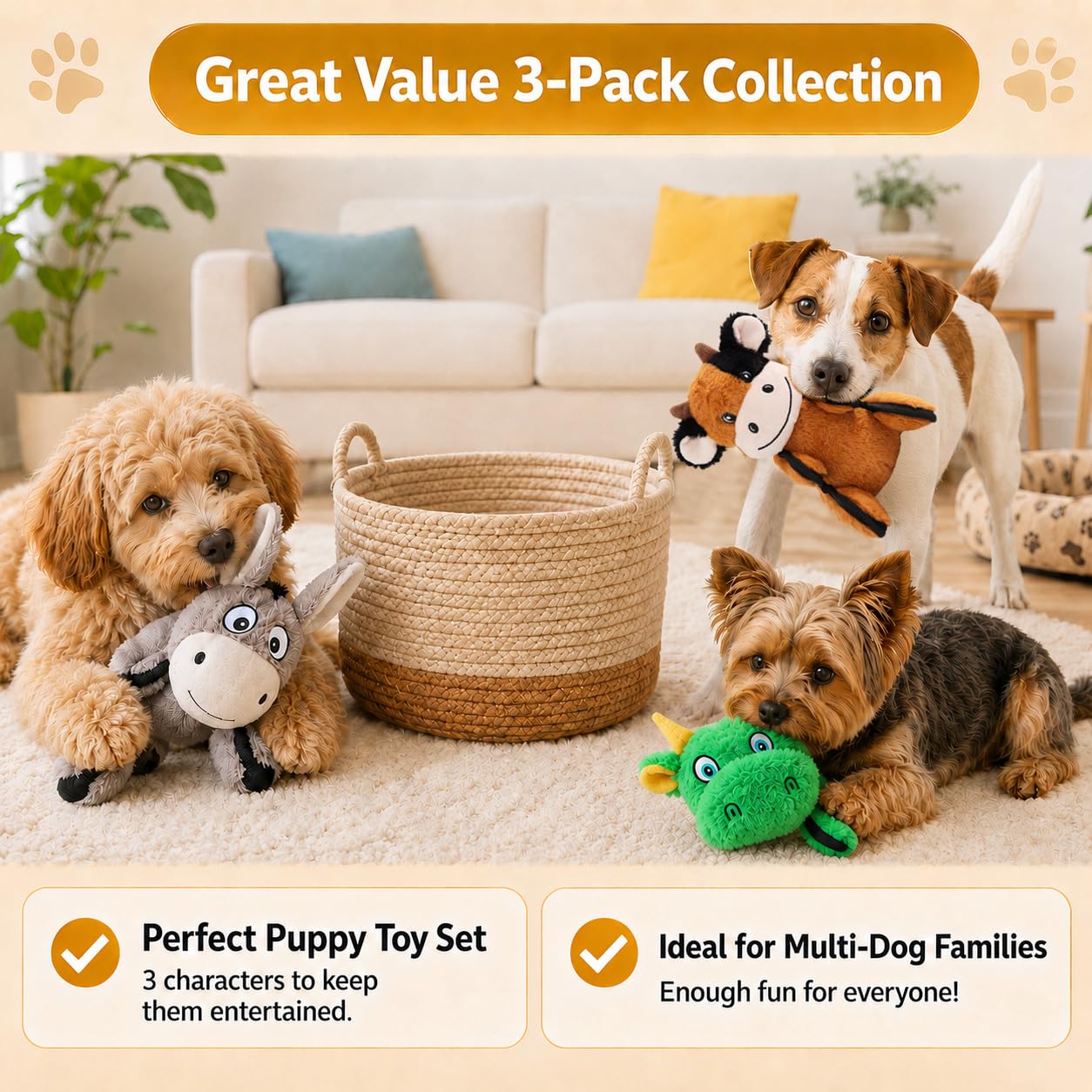 Drmstow Lot de 3 jouets couineurs en peluche pour chiens de petite, moyenne et grande taille
