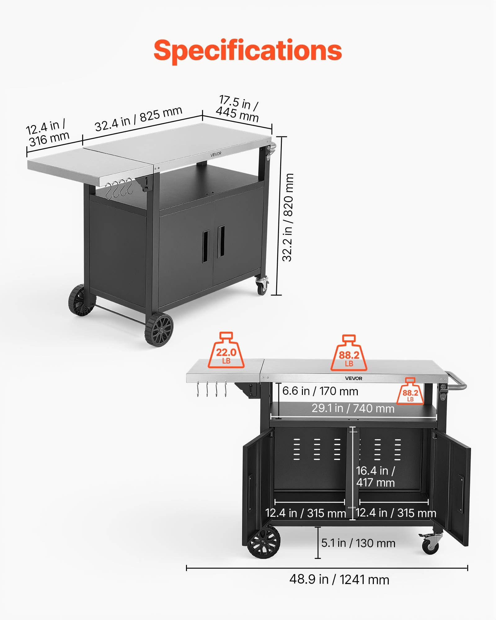 VEVOR Carrello per Barbecue da Esterno, Tavolo Carrello Portaoggetti Ripiano Preparazione Piatti Cibi 124 cm, Mobiletto con Ruote Impermeabile da Giardino Cortile Picnic Campeggio Isola Cucina