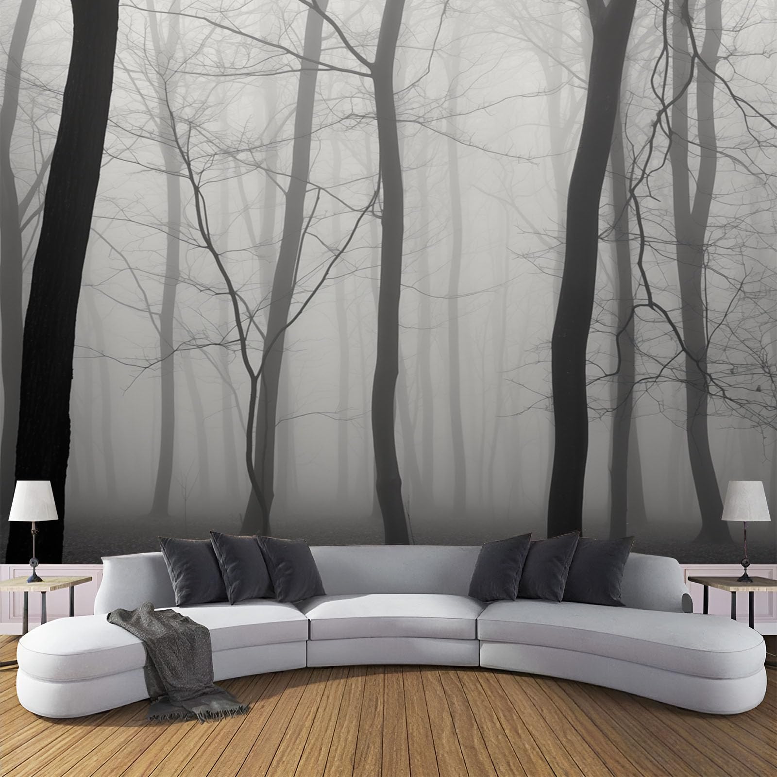 Papier peint paysage d'automne brumeux 250x175cm | Poster mural panoramique 3D gris salon