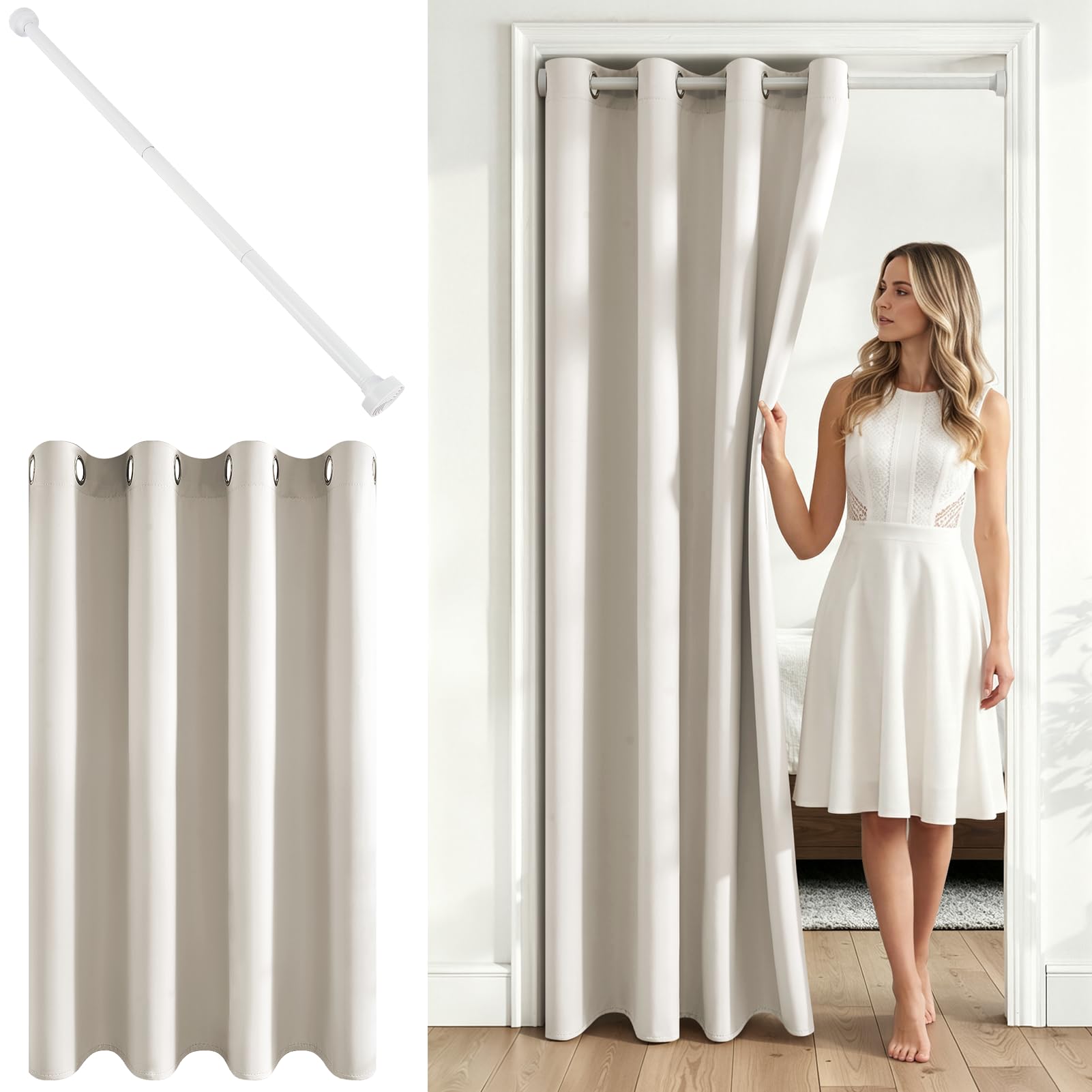 MRTREES Hellbeige Türvorhang mit Stange 1 Stück, Ohne Bohren H195 x B140 cm | Gardinen Blickdicht,Einfache Montage,Lärmschutzvorhang Tür,für Schrank,Raumteiler,Umkleidekabine,Stange Weiß 75-125 cm