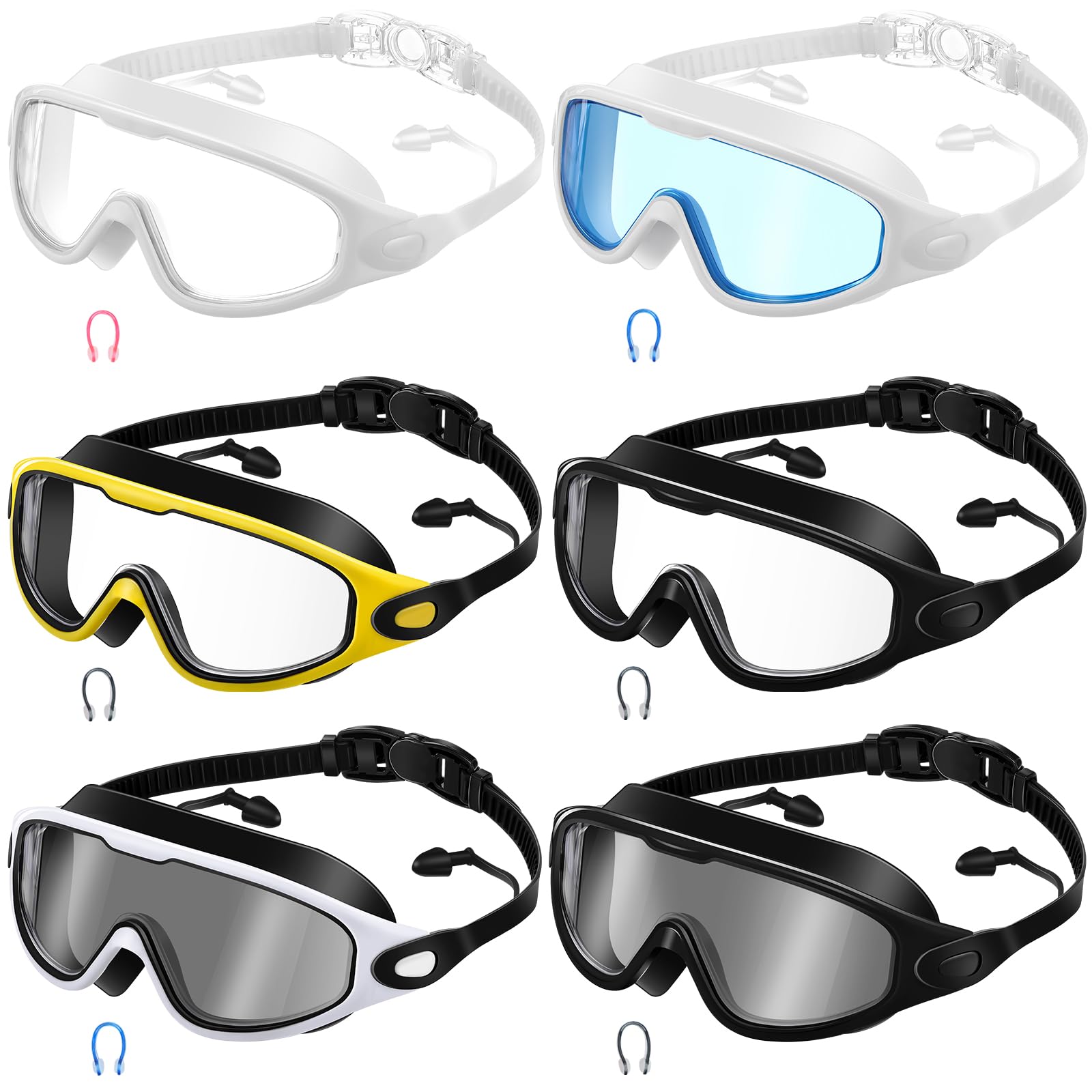 Kanayu 6 gafas de natación de visión amplia, sin fugas, antivaho, para adultos, con tapones para los oídos, clip de nariz para adultos, hombres y mujeres