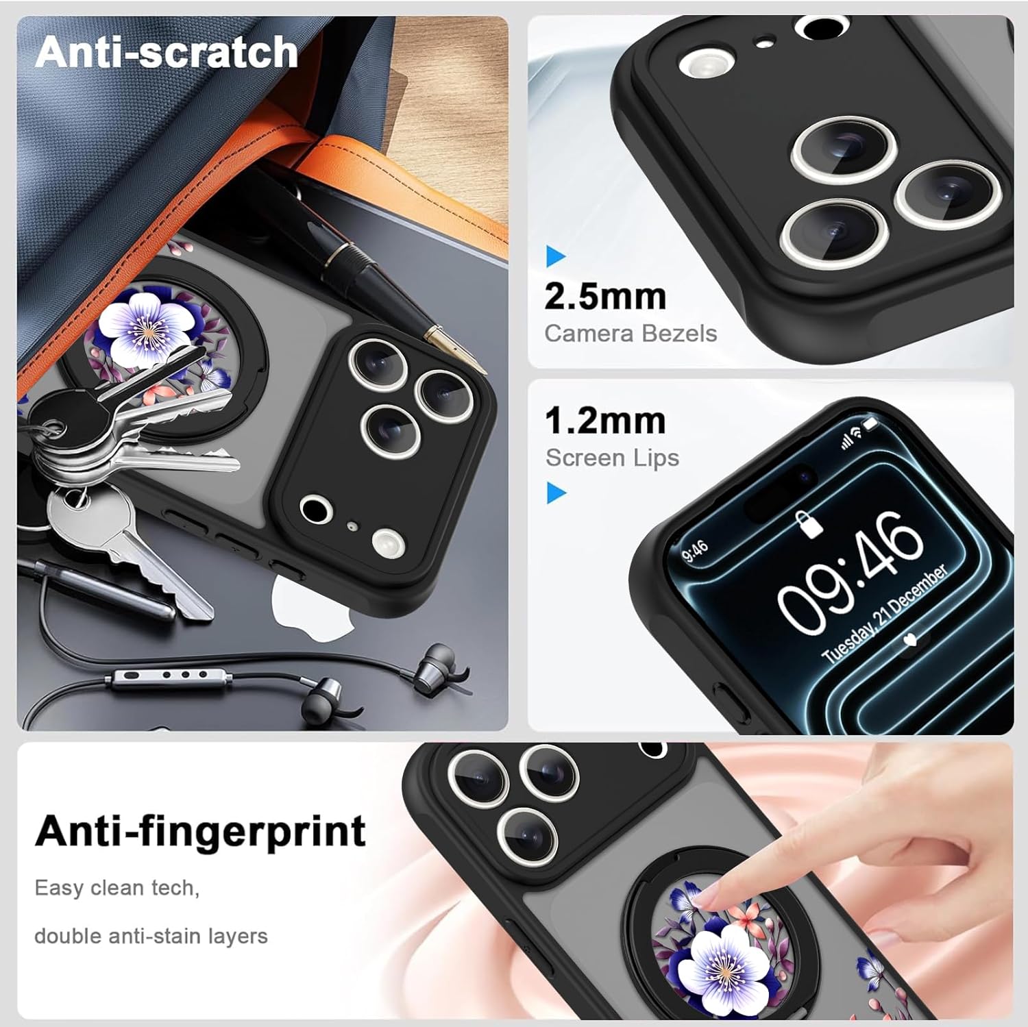 OOK for iPhone 17 Pro Max Case with Kickstand (6.9") [360° Spin Stand][Wireless Charge Compatible] Slim Translucent Matte Black Cover Cute Floral Design Camera Protection with Screen Protector