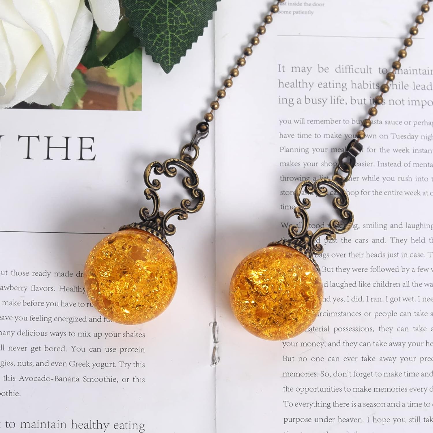 Amber Pull Chain Ceiling Fan Ornaments - 2 Pieces, 30CM Each Chain with Crystal Ice Cracked Ball