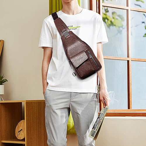 Miniatura 5 de CUICANSHANG Bolso bandolera de cuero para hombres y mujeres, mochila impermeable, bolsa cruzada para viajes al aire libre, antiarañazos, Marrón