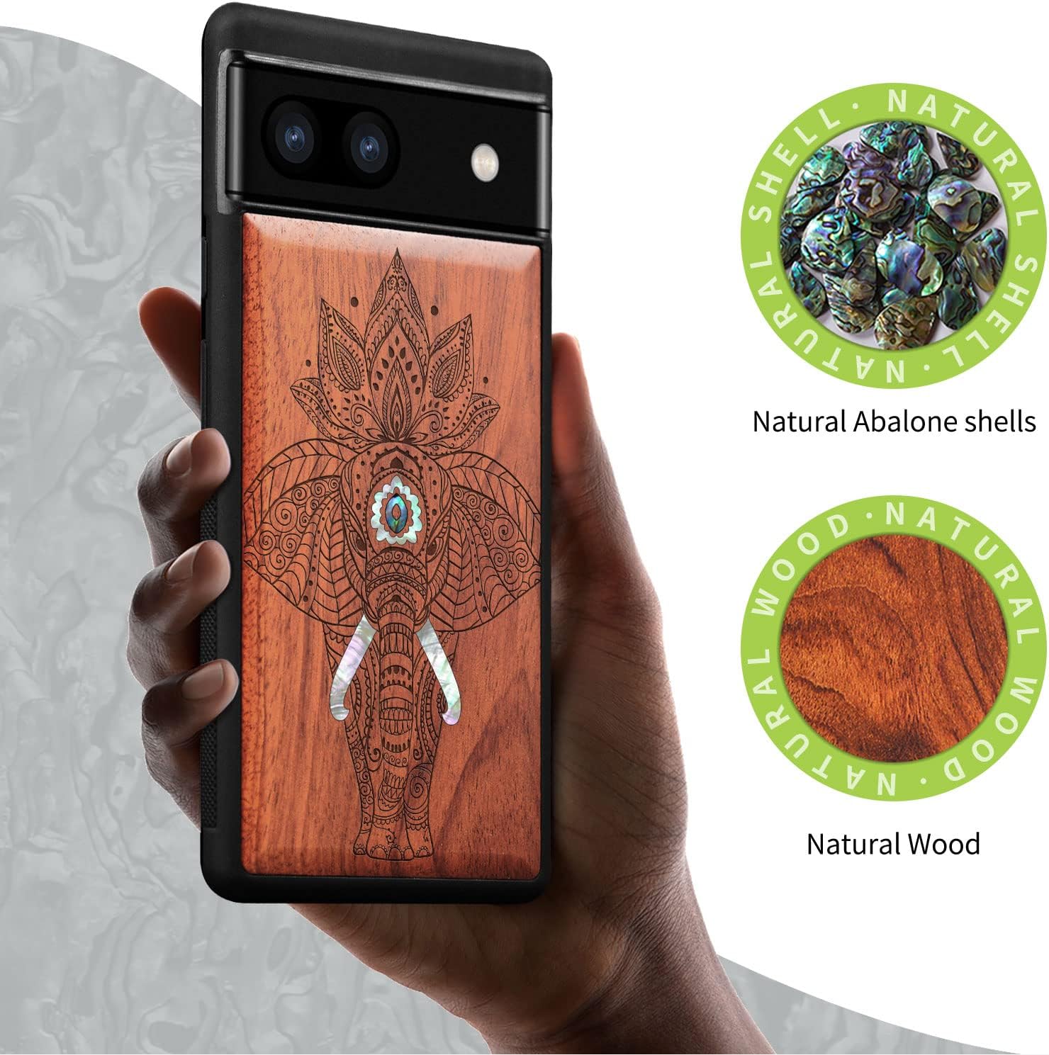 Carveit Designer Wooden Case for Google Pixel 6a Case Protective Cover [Wood Engraving & Shell Inlay] Unique Wood Phone Case Compatible with Pixel 6a (Elephant-Rosy)
