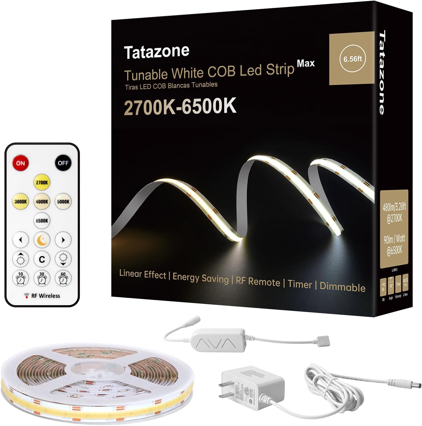 Tatazone 6.56ft Tunable White COB Led Strip Light with RF