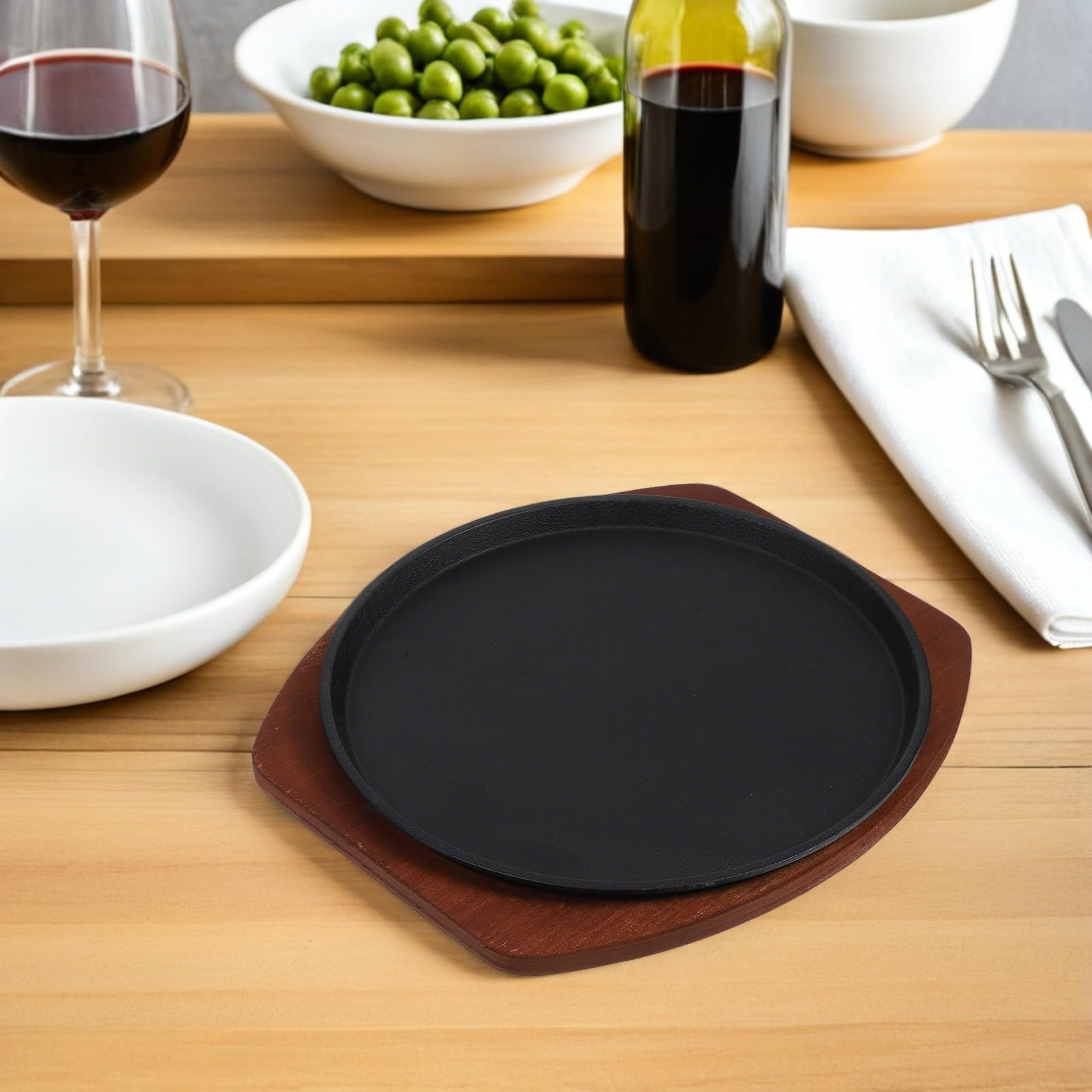 ULTECHNOVO Plaque de Cuisson en Fonte pour Barbecue Extérieur, Poêle à Steak 27cm avec Base en Bois, Résiste aux Hautes Températures, pour Restaurant et Rassemblements