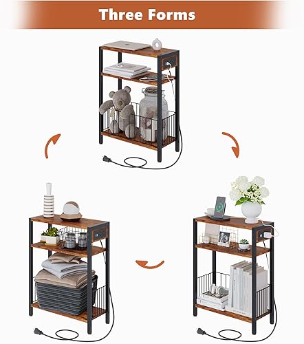 Miniatura 6 de Mesa auxiliar estrecha con estación de carga, mesa auxiliar pequeña para espacios pequeños, mesita de noche delgada con cesta de almacenamiento,