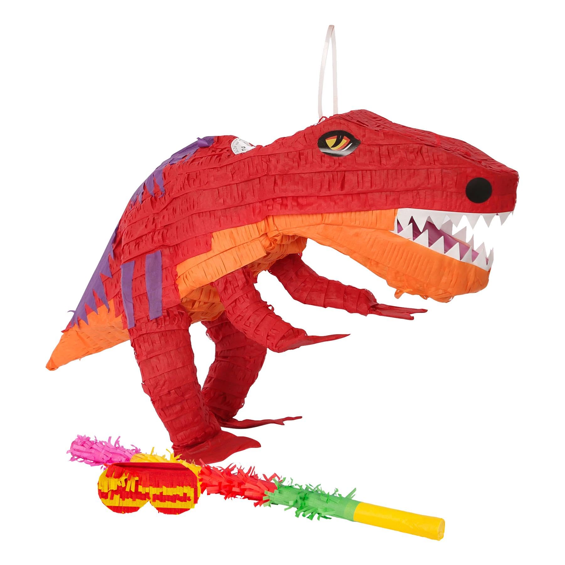 Fax Potato T Rex Pinata, Rainbow Buster Stick and Blindfold Set (W59 x D22 x H30cm) Fill Your Own Kids Large Party Supplies Themed Birthday Fun Decoration Pinata for Kids Parties & Games
