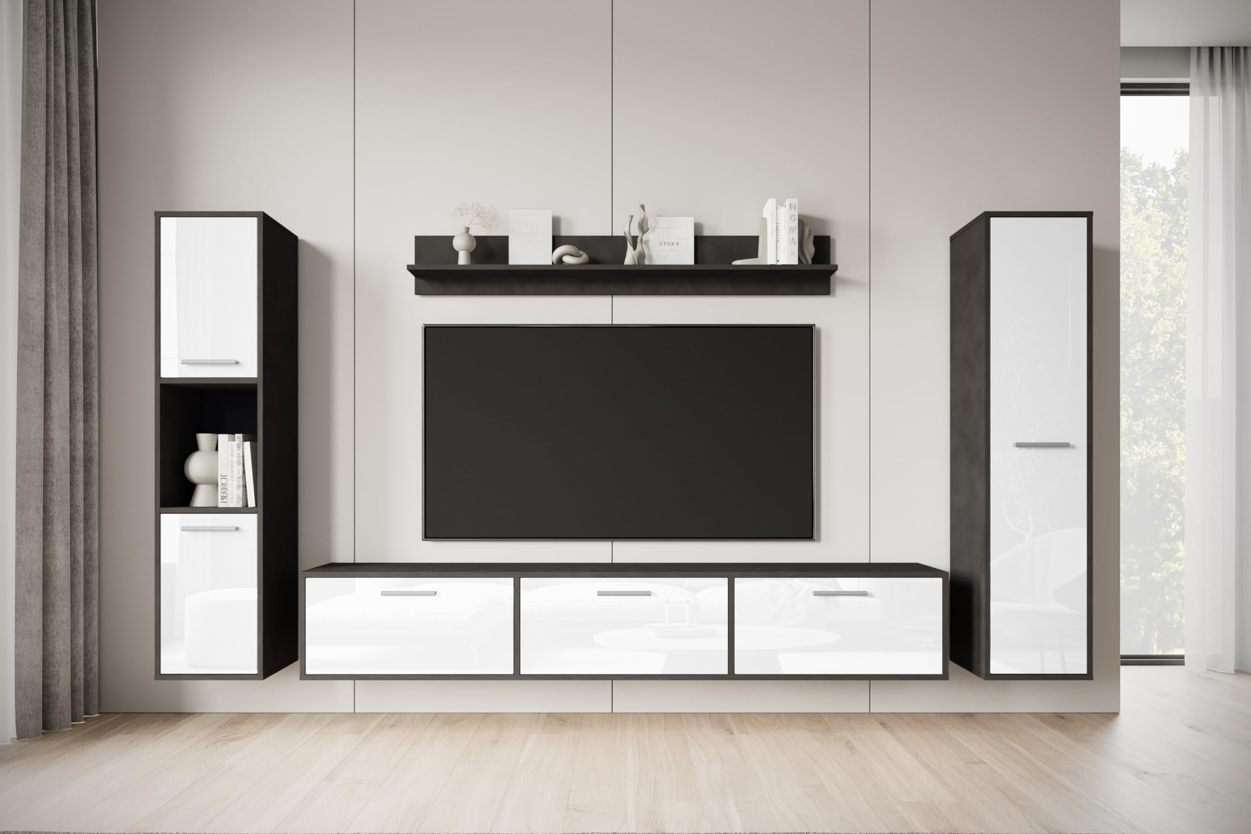 MINIO go for it - Wohnwand Wohnzimmer 4-teilig Toga, Wohnzimmer Möbel Set, 1x TV Lowboard, 2X Hochschrank, 1x Wandboard, Wohnzimmermöbel Komplett, Wohnzimmer Set - Farbe Matera/Weiss Hochglanz